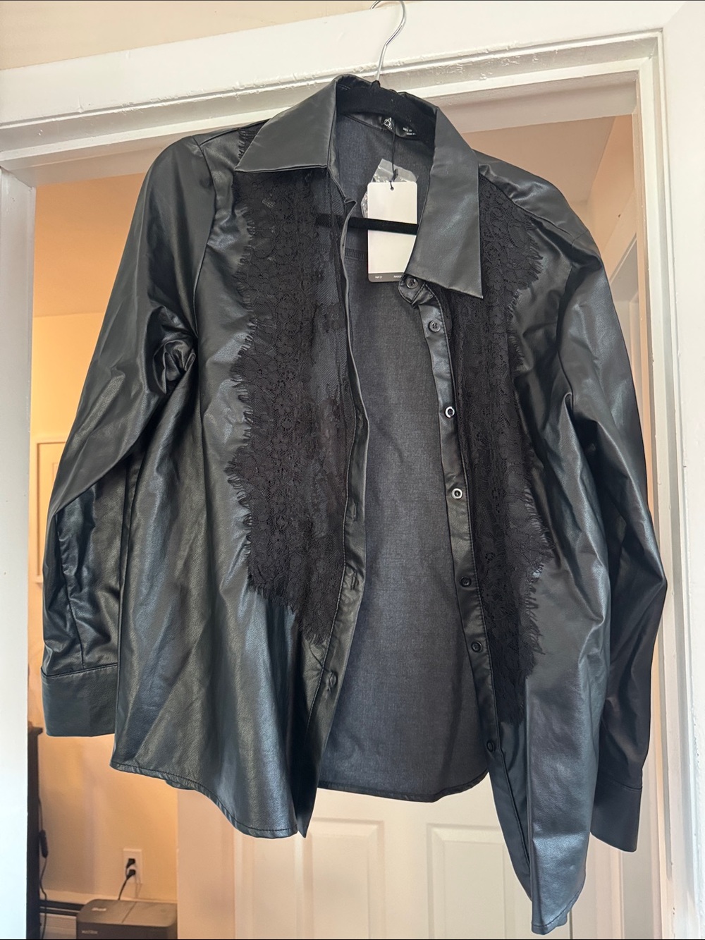 SHEIN Black Faux Leather Button-Down Shirt with Lace Trim